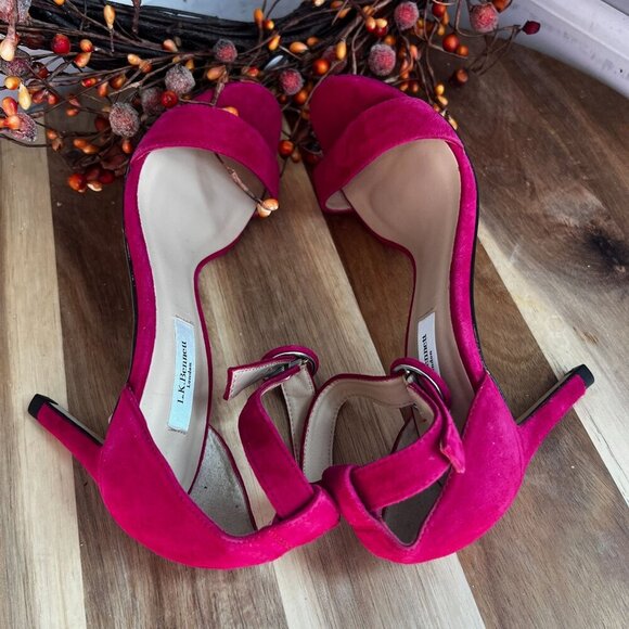L.K. Bennett DORA Suede Open Toe Sandal Heel Shoes Size 36EU Pink Fuschia - Picture 4 of 11